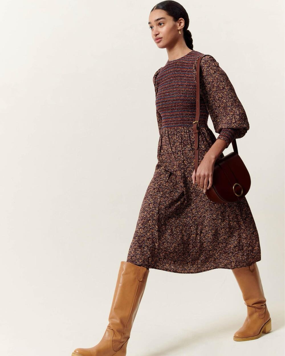 Sessùn Rhoda Smocked Midi Dress Printed Crepe Long Sleeve Burgundy Medium Paris